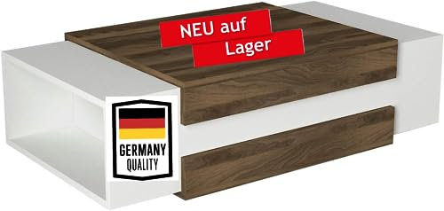 moebel17 1421 Nora Couchtisch Beistelltisch Wohnzimmertisch Tisch modern, Holz, Weiß Walnuss, Möbelstück für Wohnzimmer, flach, 2 Ablagefächer, Designertisch, 110 x 57 x 31 cm