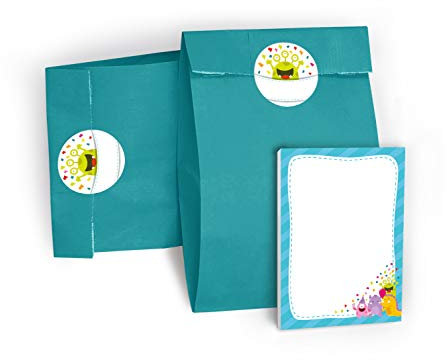 Mitgebsel Set aus 12 Geschentüten / blau, 12 Aufkleber und 12 Mini-Blöcke lustige Monster / Geschenktüten für Gastgeschenke Kinder Jungen Mädchen beim Kindergeburtstag Hochzeit Taufe Geburtstag