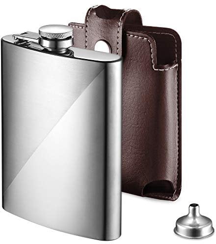 ecooe Edelstahl Flachmann 227ml/8oz mit Trichter und Braun Kunstledertasche, Whisky Flachman Set