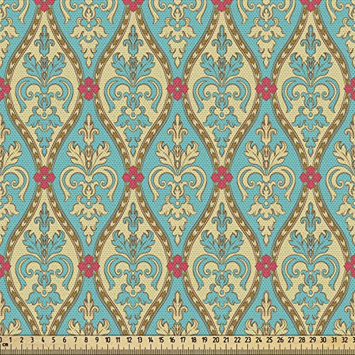 ABAKUHAUS Türkis Gewebe als Meterware, Vintage Laub Blatt, Schön Gewebten Stoff für Polster und Wohnaccessoires, 1M (148x100cm),Rosa Blau Tan
