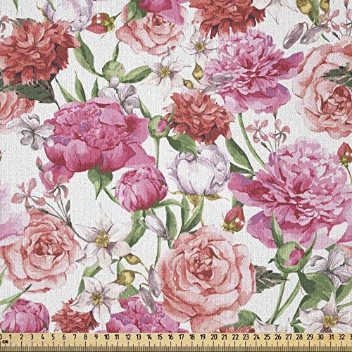 ABAKUHAUS Aquarell Stoff als Meterware, Rosa Pfingstrosen Rosen, Microfaser Stoff für Dekoratives Basteln, 1M (230x100cm), Weiß Rosa