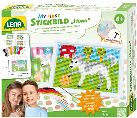 Lena 42626 - Bastelset Stickbild Hund, Komplettset mit Stickrahmen, stumpfer Nadel aus Metall, Wollgarn, Stickgitter mit Vordruck und Anleitung, Stickset für Kinder ab 6 Jahre, Set zum Sticken Lernen