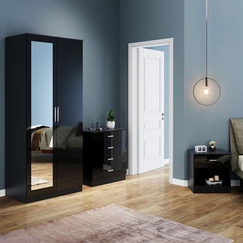 ELEGANT Bedroom Furniture Sets for Bedroom Storage High Gloss Home Closet 2 Door Wardrobe with Mirror and 4 Drawer Chest and Bedside Cabinet, Black