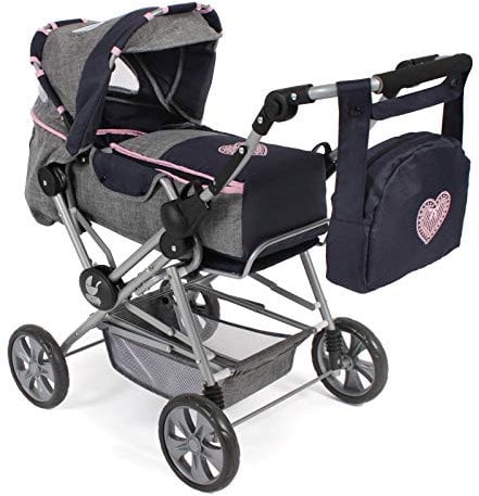 Bayer Chic 2000 562 26 Kombi-Puppenwagen Roadstar für große Kinder, mit herausnehmbarer Tragetasche und Wickeltasche, grau-Navy, 85 x 47 x 82 cm