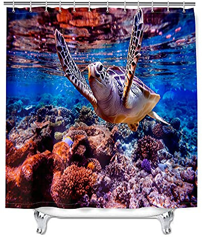 Chickw1 Rideau de Douche Résistant à l'eau Lavable Tissu en Polyester Rideaux de Salle de Bain avec 12 Crochets 3D Tortue de mer Impression Décor (Corail Rouge,180x180cm)
