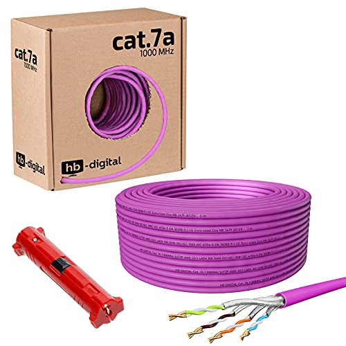 HB-DIGITAL 25m CAT.7a Netzwerkkabel Lila Verlegekabel Ethernet LAN AWG23 Reines Kupfer S/FTP PiMF LSZH Halogenfrei RoHS-Compliant Installation Datenkabel PoE 10Gbit/s max. 1200MHz + Abisolierer