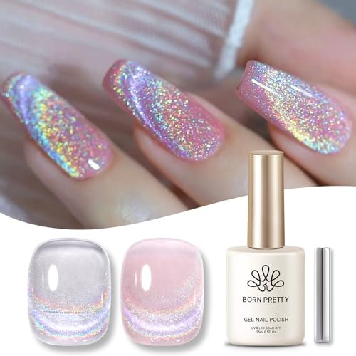 BORN PRETTY UV Nagellack Magnetisch Gel, Holographic Regenbogen Glitter Shining Schellack Nagellack Katzenauge UV Nagellack Soak Off UV Gelpolitur mit Magnetstift-Silber
