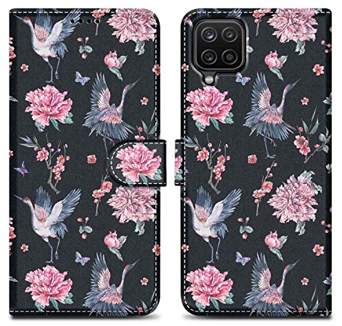 Cadorabo Hülle kompatibel mit Samsung Galaxy A12 / M12 - Design Kranich & Blumen No. 9 - Schutzhülle mit Magnetverschluss, Standfunktion und Kartenfach
