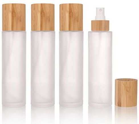 COSIDEA 4 pcs Empty 4oz /120ml bamboo lid Frosted glass spray bottle with fine mist despenser head for liquid perfume toiletries containers, toner bottles