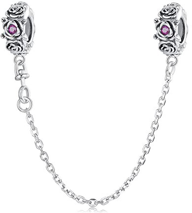 Safety Chain Charms with 2 Rubber Spacer Stoppers 925 Sterling Silver Beads fit Pandora Charms Bracelet for Women (Rose Charms)