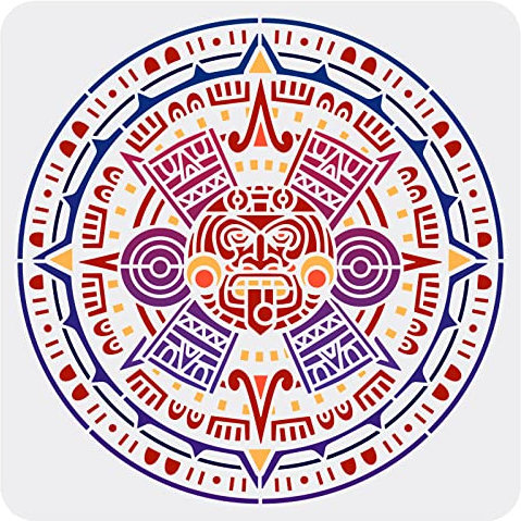 FINGERINSPIRE Azteken-Kalender-Schablone, 30x30 cm, Maya-Emblem, Malerei-Schablone, Kunststoff, Aztekenmuster, wiederverwendbar, Maya-Schablone zum Malen auf Holz, Wand, Kunstprojekte, Heimdekoration