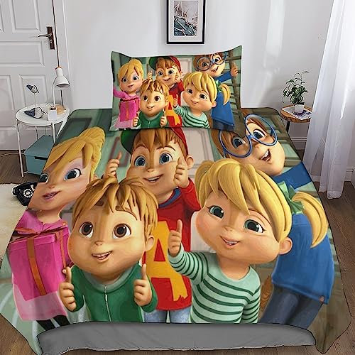 BARDYS Alvin and The Chipmunks Bettwäsche Set Mit Weiche Mikrofaser,Kinder Jugendliche Erwachsene 3D Gedruckte Bettbezüge Weiche Bettbezug Und Mit Reißverschluss Kissenbezug Single(135x200cm)