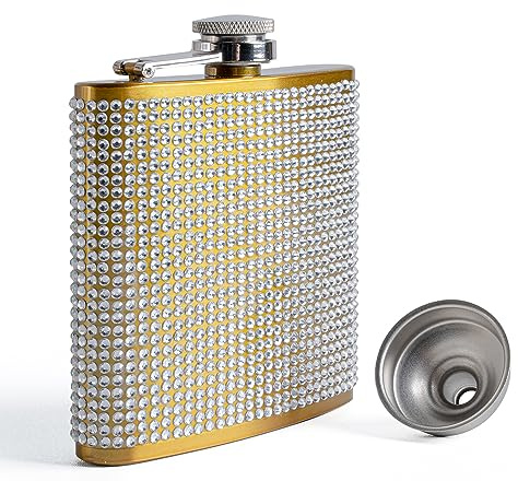 SPDYCESS Edelstahl Flachmann 6oz Diamant Frauen | Flachmänner mit Trichter Tragbar Flachmann von Alkohol zum Wandern Hochzeit Reisen Party, Gold