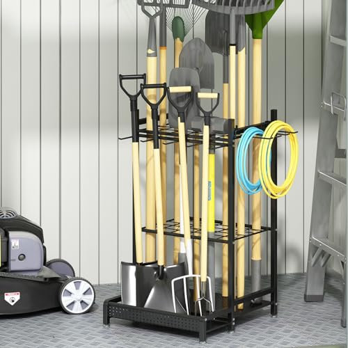 GILLAS Organiseur d'outils de jardin pour garage, étagères de rangement utilitaires avec crochets, support d'outils de cour en métal pour long manche, balai, pelle, râteau, support lourd robuste pour