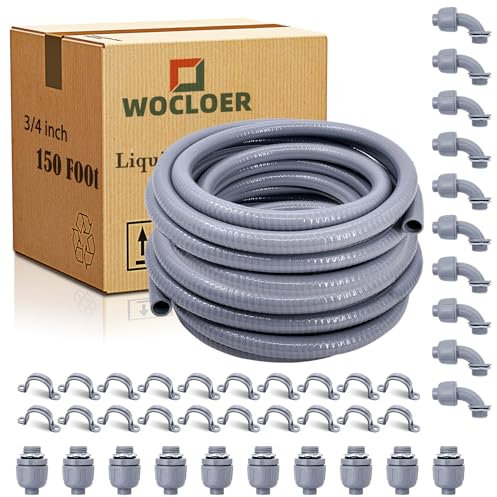 Wocloer 1,9 cm (3/4 Zoll), 4,5 m (150 Fuß) flüssigkeitsdichtes Rohr- und Anschluss-Set, flexibler, nichtmetallischer Elektroschlauch, mit 10 geraden und 10 Winkelverschraubungen und Rohrband.