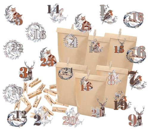 Adventskalender zum Befüllen : 2023 DIY Adventskalender Zahlen Sticker zum Selbstbefüllen groß mit 24 Adventskalender Kraftpapier Tüten Fuchs Hase Reh