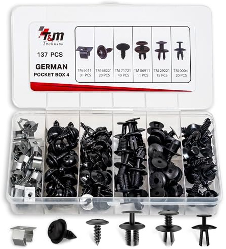 T&M TECHNICS® Box mit 137 Universalbefestigungen, Klammern, Clips und Kunststoffnieten für Deutsche Autos – Set für Türverkleidung Stoßstange Kühlergrill Motorhaube DIY Reparatur - German PB4