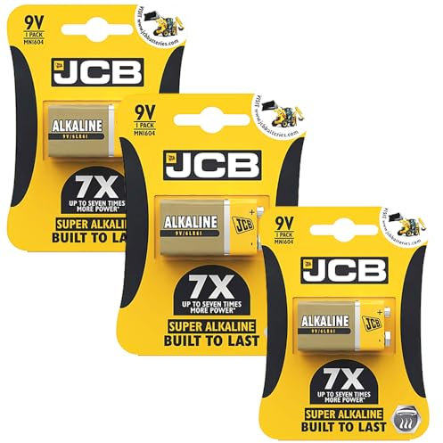 JCB 9v Batteries 3 Pack - Heavy Duty Premium Alkaline disposable 9v battery For Low drain devices | Smoke Alarm | Fire Alarm Battery | Smoke Detectors | Remote Control Car | Square Battery |