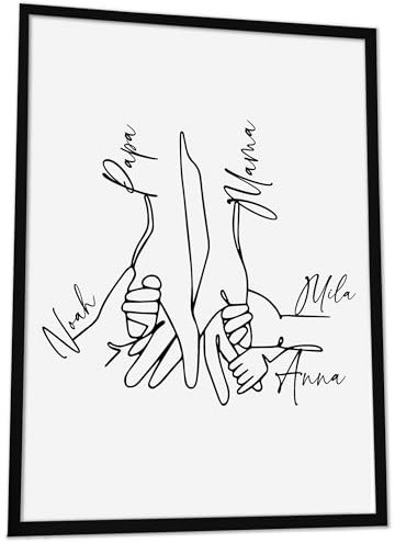 JUHMI Bild Familie Personalisiert mit Namen One Line Art, DIN A4 (21x30 cm) Rahmen wählbar, personalisierte Geschenke zum Einzug Hausbau Wohnung Einzugsgeschenk Deko Flur Bilder, 5 Köpfige Familie