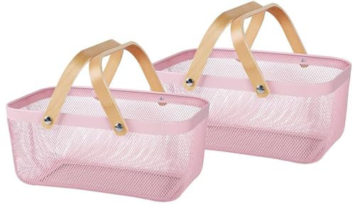 Sarmini 2er-Set Obstkorb für Küche Theke Aufbewahrungskorb Erntekorb mit Griff Gartenkorb Gemüsekorb Rechteck Metall Mesh Korb (Rosa, Rechteck)