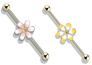 beyoutifulthings Industrial-Piercing SET Gold zwei-farbige Enamel Blüte Rosa Gelb Industrial-Barbell Industrial-Bar Chirurgenstahl Stab-länge 38-mm