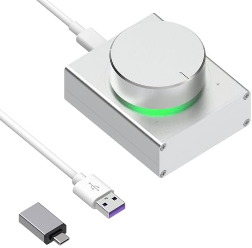 Geekria Audio Control Knob, Metal Volume Adjustment Dial, PC/Phone Volume Controller with Mute, USB and USB-C, Win 7/8/10/MAC/Android, Gaming and Office (Silver)
