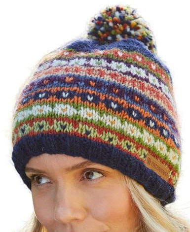 Pachamama Damen Wollmütze Bommelmütze Fleece gefüttert handgestrickt meliert gestreift blau mehrfarbig Einheitsgröße handgefertigt extra warm Fair Trade, blau, Einheitsgröße