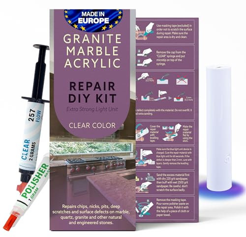 Kit de réparation en granit, marbre et acrylique (transparent/transparent) – Corrigez vos défauts comme un pro. Convient à la plupart des réparations, réparez les éclats cassés en quelques minutes