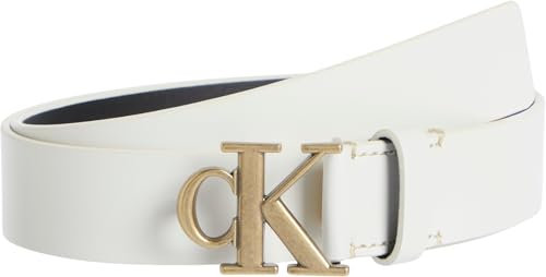 Calvin Klein Damen Gürtel Monogram Plaque Buckle 3,0 cm Ledergürtel, Elfenbein (Silver Birch/Tumbled Gold), 65 cm