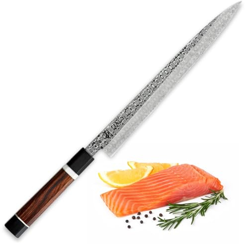 Wakoli Seishin Sashimi-Messer, 28,5 cm Klinge aus 110 Lagen Volldamaststahl | Wüsteneisenholz-G10-Griff, 15°, 60±1 HRC; für Sushi, Sashimi, Fisch- und Fleischfilets; mit Geschenkbox.