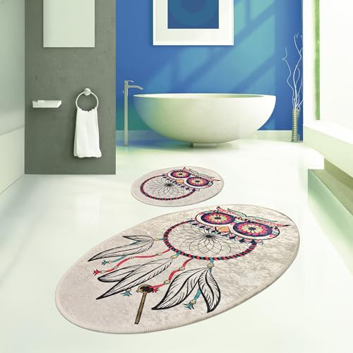 Bosdela Wood Ovales 2-Teiliges Badezimmerteppich-Set, Rutschfester WC-Vorleger & Badezimmerteppich, Wasserabsorbierend, Anti-Rutsch, 60x100 cm Dream Oval Design