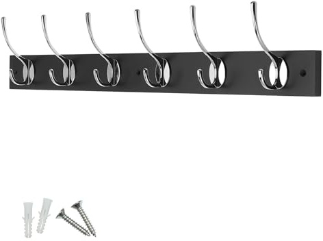 keypak Victorian Wall Mounted 6 Chrome Hooks Black Wooden Coat Rack | for Hanging Coats, Hats, Clothing, Scarfs, Wall Organiser, supplied with fixings