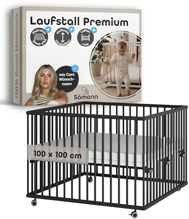 Sämann Laufstall Baby mit Lattenrost und Matratze SleepPlus | stufenlos höhenverstellbar | Laufgitter Premium | Babybett aus Holz | Krabbelgitter (schwarz, 100x100 cm)