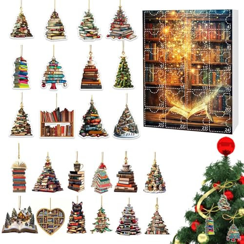 Buch Christbaumschmuck Adventskalender 2024, 24 Tage Buch Ornamente Adventskalender Mit 2D-Acryl Gestapelte Ornamente Weihnachts Adventskalender Für Weihnachtsdekoration