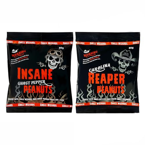 Chilli Wizards Carolina Reaper and Ghost Chilli Peanuts 2 Pack Nuts Spicy Snack Protein Crunch 80g Each Packet