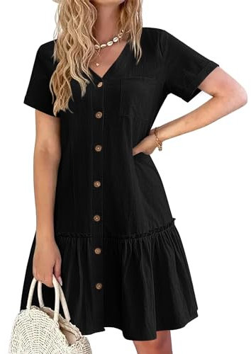 HOTOUCH Linen Dresses for Women Button Down Dress Loose Summer Cotton Mini Dress Ruffle Hem Casual Short Sleeve T Shirt Dress Black S