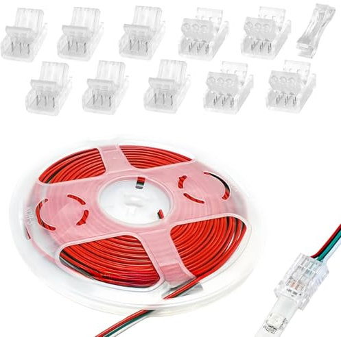 joonnair 10 Stück 3-Polig 10mm LED Strip Connector mit 5 m 22 AWG 3-Polig LED Kabel, LED strip verbinder für SMD 3528 2835 5050 5630, DC 12 V, 24 V LED Beleuchtung, Kommt mit Öffnungswerkzeug