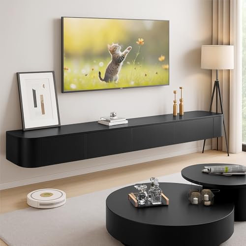 Ribanedy Modernes Schwebendes TV-Regal | Wandmontierte Unterhaltungsmedien-Konsole | Großes Aufbewahrungs-TV-Bank für Wohnzimmer & Büro (Schwarz, 140cm)