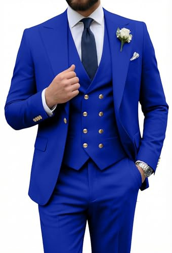 Mens Suit 3 Piece Double Breasted Suit Men Slim Fit Formal Tuxedo Suit Set Groomsmen Wedding Prom Suits, Royal Blue, L