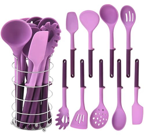 Justup Lot de 10 ustensiles de cuisine en silicone violet résistant à la chaleur avec support, ustensiles de cuisine antiadhésifs avec cuillère, spatule, support (violet)