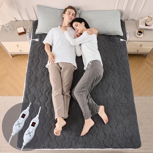 Bearhug Electric Heated Mattress Pad Double 150 * 200m Dark Grey, 200GSM Sherpa, Dual Zone Control, 10 Heat Levels, 12h Auto-Off, 2.5m Cord, Fits up to 45cm, Machine Washable, UKCA Certified