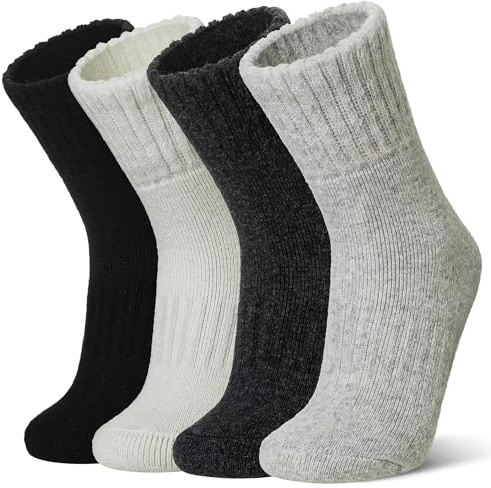 WEVIAS Kids Merino Wool Socks Hiking Ski Boot Winter Thermal Warm Toddler Boys Girls Cozy Socks 4 Pairs (Black/Grey/White/Light Grey, 8-12 Years)