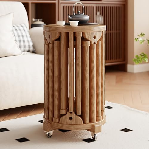 FORRTY Stapelbare Hocker Set 6 – Runde Holzstühle Auf Rollen, Multifunktionale Beistelltische/Sitzhocker for Wohnzimmer, Flur, Esszimmer, Platzsparend, Nachtisch(Wood Color)