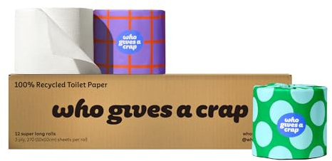 Who Gives A Crap – 100% Recycled Paper, 3 Ply, 270 Sheets per Roll, Box of 12 – Soft, Strong Toilet Tissue for Bathroom Use