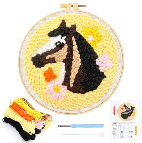 JSRQT Punch Needle Stickerei Set für Anfänger Debutant Pferd DIY Stanznadel Starter Kit Stanznadelstoff Muster Embroidery Sticken Handarbeit Broderie mit Stanzer Instruction Basteln Geschenk