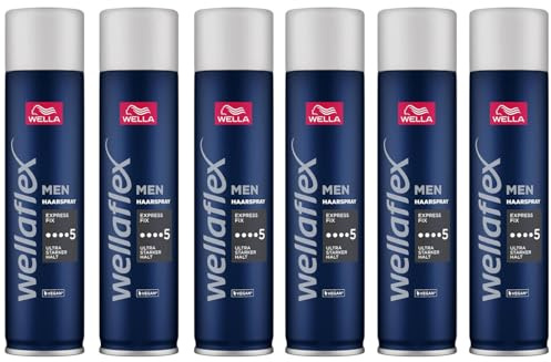 6x Wella Wellaflex Men Express Fix Haarspray Ultra Starker Halt *5 Vegan Bis zu bis zu 48 Stunden Halt mit einer veganen Formel, die sanft zur Kopfhaut ist 250ml (6er Pack)
