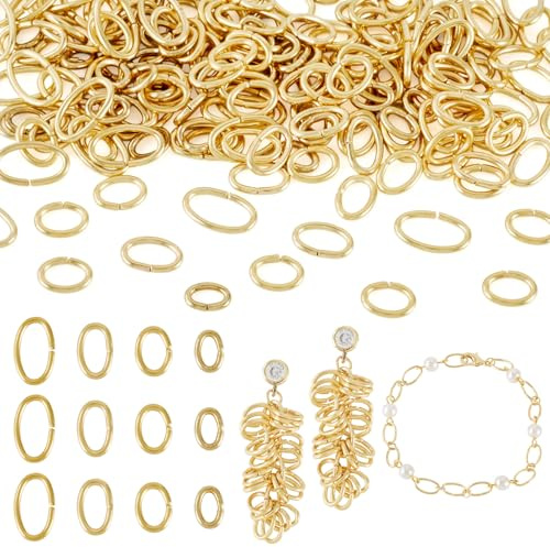 200Pcs Oval Jump Rings 4 Sizes Real 18K Gold Plated Jump Rings Stainless Steel Oval Linking Rings for Layer Bracelets Earrings Necklaces Chainmail Chains Making