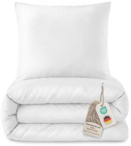 LAYNENBURG Premium Mako Satin Bettwäsche in 135x200 + Kissenbezug 80x80 cm - 100% Baumwolle – Oeko-TEX 100 - kühlende, temperaturausgleichende Sommer-Bettwäsche mit Reißverschluss (weiß)