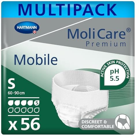 MoliCare Premium Mobile Einweghose: Diskrete Anwendung bei Inkontinenz für Frauen und Männer, 5 Tropfen, Gr. S (60-90 cm Hüftumfang), 4x14 Stück