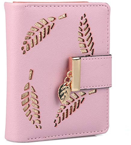 HXT-OAK Portefeuille en Cuir PU pour Femme avec découpe Feuille, Pendentif Feuille 5 emplacements pour Cartes et fenêtre d'identification Rose Rouge